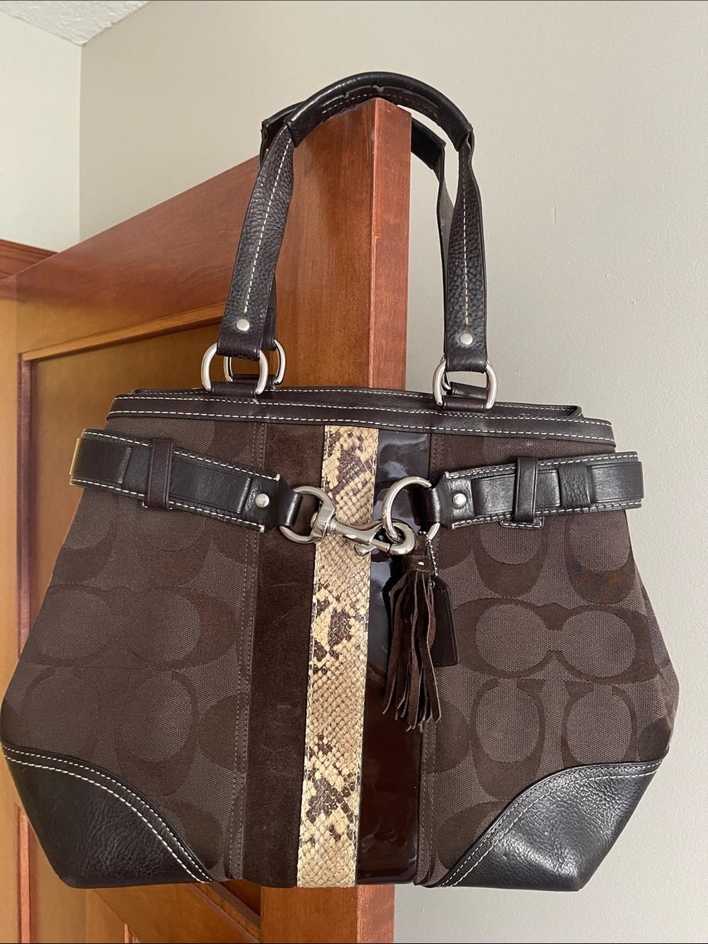Vintage (2006) Coach Brown Logo Shoulder Bag with Snake-Print Stripe